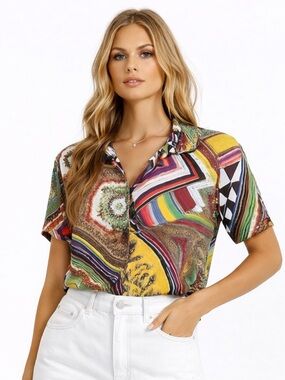 Vintage Floral Flower Greek key Multicolor Printed Blouse Size Large Unique